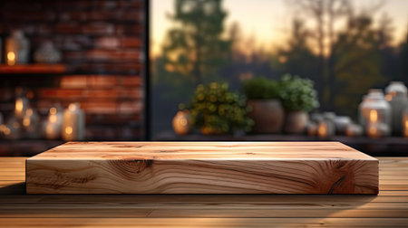 Wood podium product stand or display with cinematic light and blur backgroundの素材