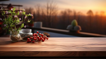 Wood podium product stand or display with cinematic light and blur backgroundの素材