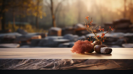 Wood podium product stand or display with cinematic light and blur backgroundの素材