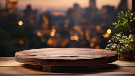 Wood podium product stand or display with cinematic light and blur backgroundの素材