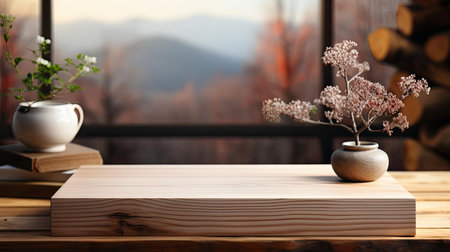 Wood podium product stand or display with cinematic light and blur backgroundの素材