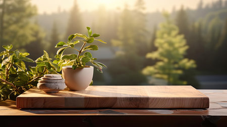 Wood podium product stand or display with cinematic light and blur backgroundの素材