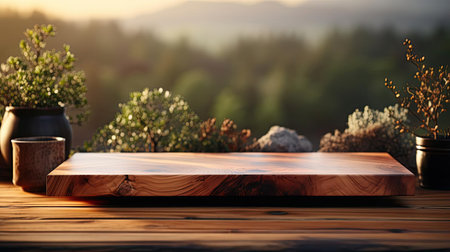 Wood podium product stand or display with cinematic light and blur backgroundの素材