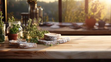 Wood podium product stand or display with cinematic light and blur backgroundの素材