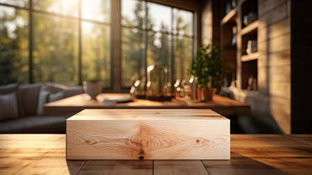 Wood podium product stand or display with cinematic light and blur backgroundの素材