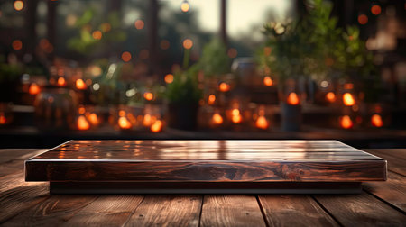 Wood podium product stand or display with cinematic light and blur backgroundの素材