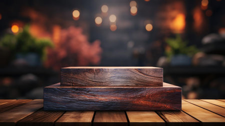 3d wood podium product stand or display with cinematic light and cinematic background, front viewの素材
