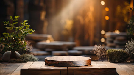 3d wood podium product stand or display with cinematic light and cinematic background, front viewの素材