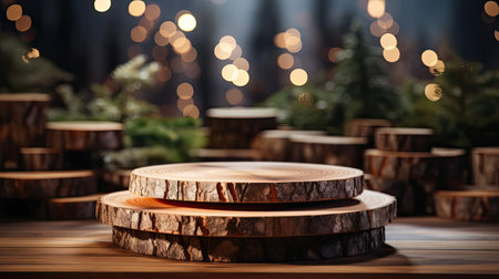 3d wood podium product stand or display with cinematic light and cinematic background, front viewの素材