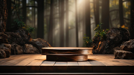 3d wood podium product stand or display with cinematic light and cinematic background, front viewの素材