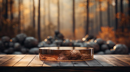3d wood podium product stand or display with cinematic light and cinematic background, front viewの素材