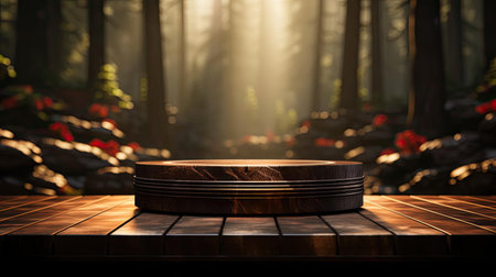 3d wood podium product stand or display with cinematic light and cinematic background, front viewの素材