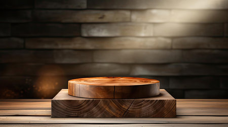 3d wood podium product stand or display with cinematic light and cinematic background, front viewの素材
