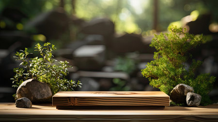 3d wood podium product stand or display with cinematic light and cinematic background, front viewの素材