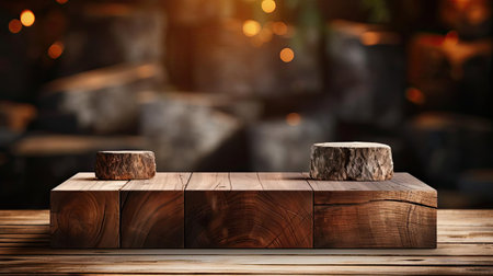 3d wood podium product stand or display with cinematic light and cinematic background, front viewの素材
