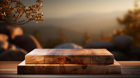 3d wood podium product stand or display with cinematic light and cinematic background, front viewの素材