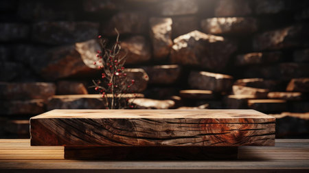 3d wood podium product stand or display with cinematic light and cinematic background, front viewの素材