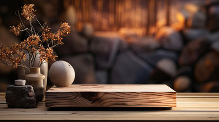 3d wood podium product stand or display with cinematic light and cinematic background, front viewの素材