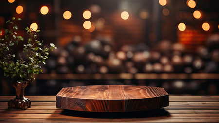 3d wood podium product stand or display with cinematic light and cinematic background, front viewの素材