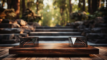 3d wood podium product stand or display with cinematic light and cinematic background, front viewの素材