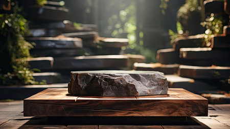 3d wood podium product stand or display with cinematic light and cinematic background, front viewの素材