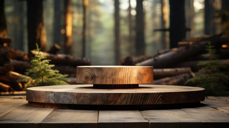 3d wood podium product stand or display with cinematic light and cinematic background, front viewの素材