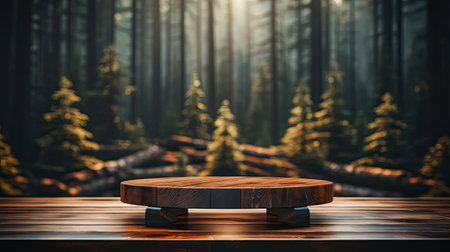 3d wood podium product stand or display with cinematic light and cinematic background, front viewの素材