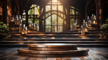 3d wood podium product stand or display with cinematic light and cinematic background, front viewの素材