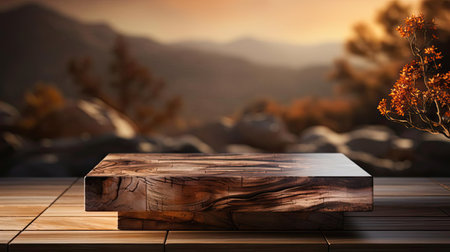 3d wood podium product stand or display with cinematic light and cinematic background, front viewの素材