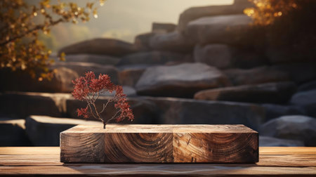 3d wood podium product stand or display with cinematic light and cinematic background, front viewの素材