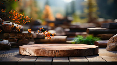 3d wood podium product stand or display with cinematic light and cinematic background, front viewの素材