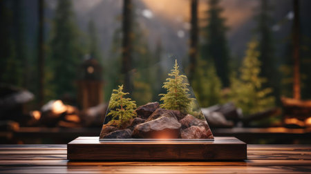 3d wood podium product stand or display with cinematic light and cinematic background, front viewの素材