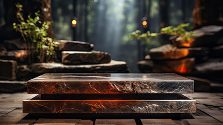 3d wood podium product stand or display with cinematic light and cinematic background, front viewの素材