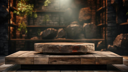 3d wood podium product stand or display with cinematic light and cinematic background, front viewの素材