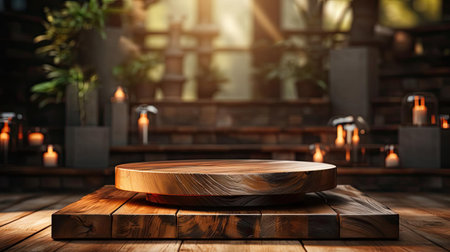 3d wood podium product stand or display with cinematic light and cinematic background, front viewの素材