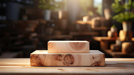 3d wood podium product stand or display with cinematic light and cinematic background, front viewの素材