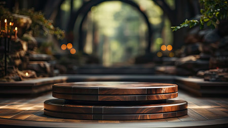 3d wood podium product stand or display with cinematic light and cinematic background, front viewの素材