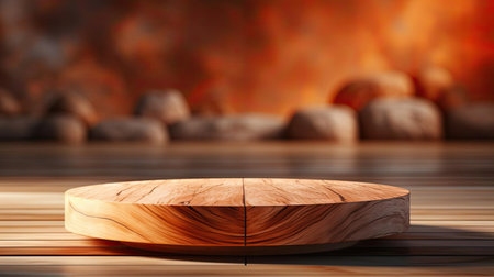 3d wood podium product stand or display with cinematic light and cinematic background, front viewの素材