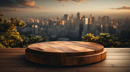 3d wood podium product stand or display with cinematic light and cinematic background, front viewの素材
