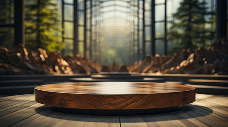 3d wood podium product stand or display with cinematic light and cinematic background, front viewの素材