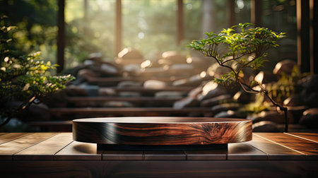 3d wood podium product stand or display with cinematic light and cinematic background, front viewの素材