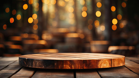 3d wood podium product stand or display with cinematic light and cinematic background, front viewの素材
