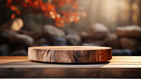 3d wood podium product stand or display with cinematic light and cinematic background, front viewの素材