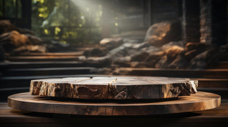 3d wood podium product stand or display with cinematic light and cinematic background, front viewの素材