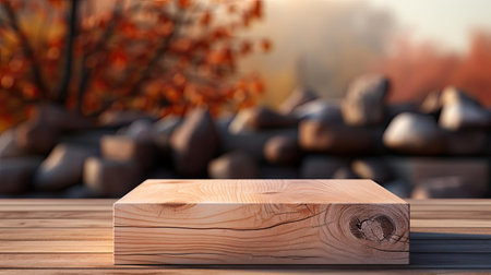 3d wood podium product stand or display with cinematic light and cinematic background, front viewの素材