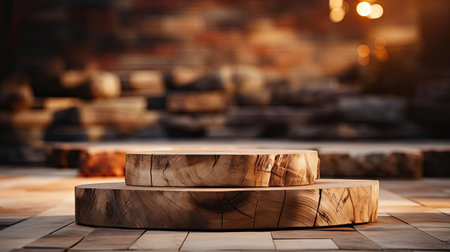 3d wood podium product stand or display with cinematic light and cinematic background, front viewの素材