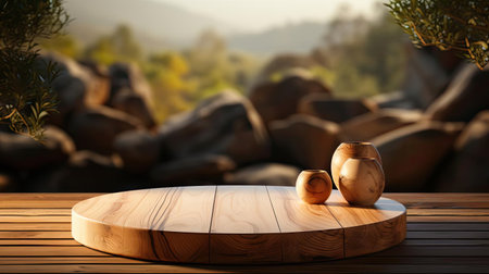 3d wood podium product stand or display with cinematic light and cinematic background, front viewの素材