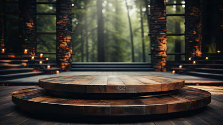 3d wood podium product stand or display with cinematic light and cinematic background, front viewの素材