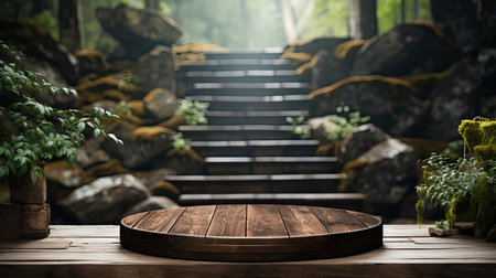 3d wood podium product stand or display with cinematic light and cinematic background, front viewの素材