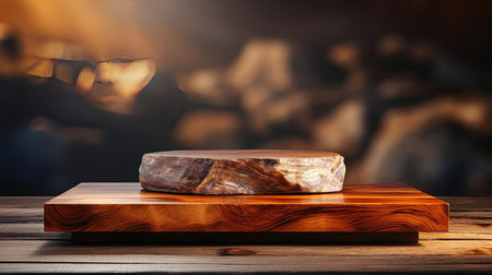 3d wood podium product stand or display with cinematic light and cinematic background, front viewの素材